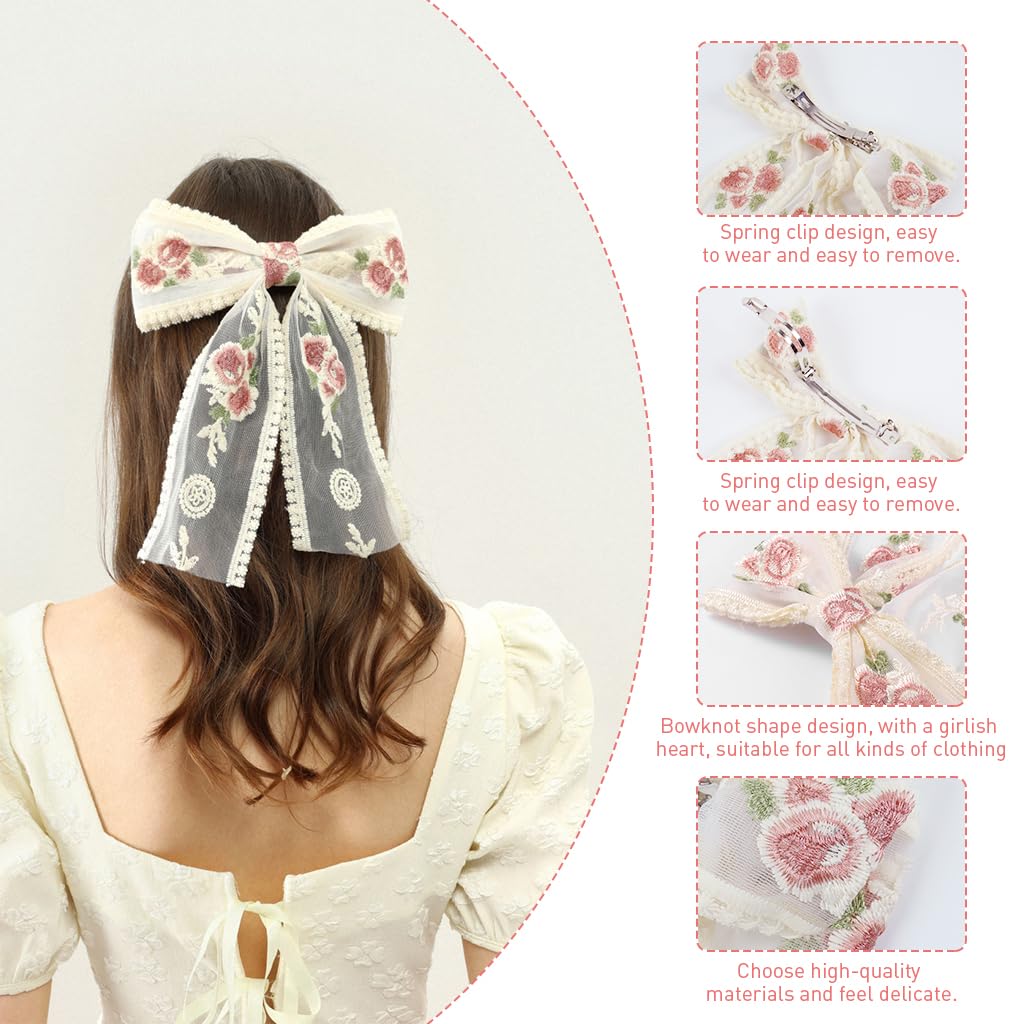 Venzina® 2 Pcs Bow Clips for Women Girls Stylish Lace Large Embroidery Flower Hair Bows with Long Tail Elegant Bow Hair Clips Barrettes Cute Hair Accessories for Women