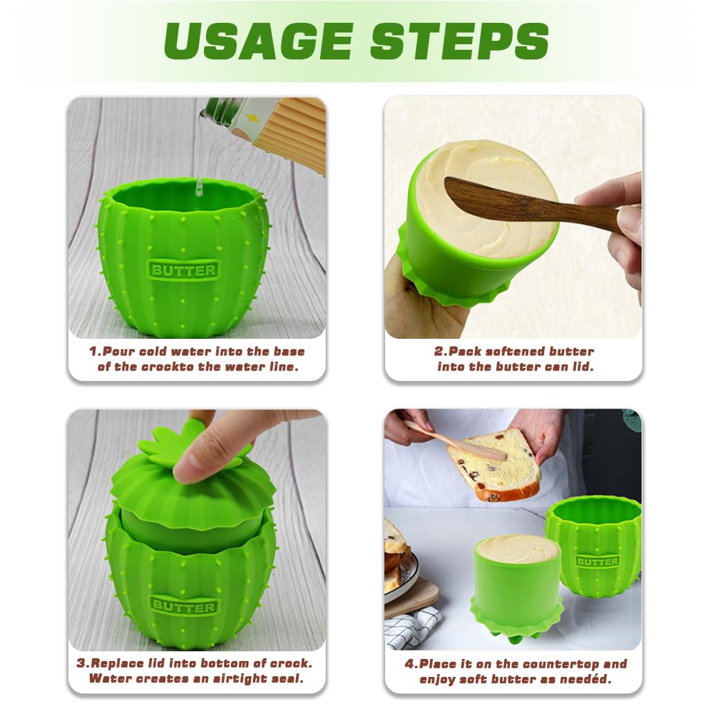 Supvox Cartoon Cactus Silicone Butter Jar for Kitchen Storage featuring Secure Lid 3.15x3.94 in | BPA Free Food Grade Green Container