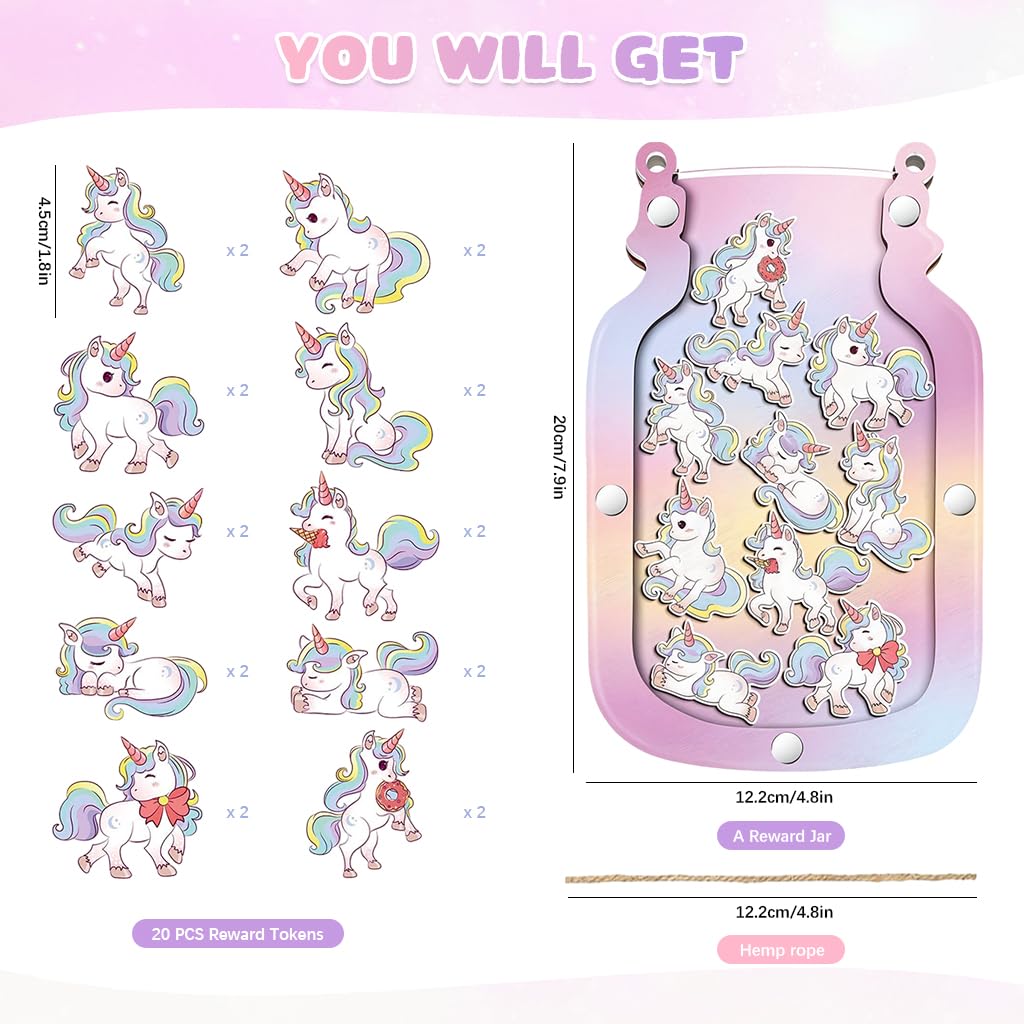 PATPAT Unicorn Reward Kit for Kids with 20 Cartoon Tokens and Wooden Jar | Home Learning Tool