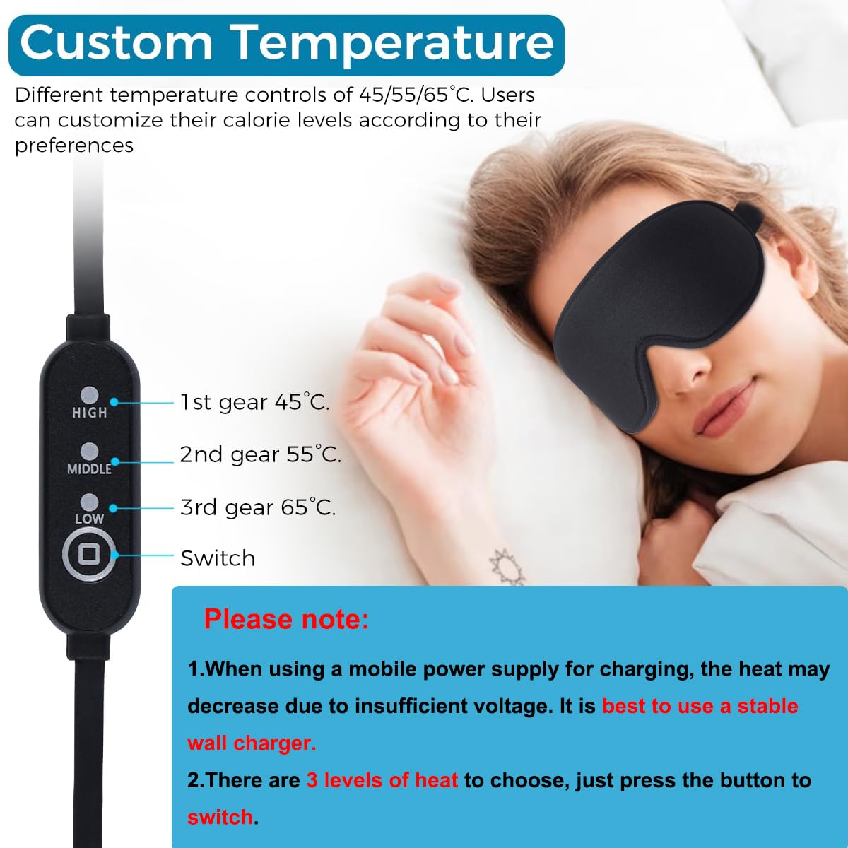 HANNEA® 3D Heated Eye Mask, USB Wired Eye Mask with Temperature & Time Control, Warm Eye Compress Heating Pad for Sleep, Relieve Eye Strain, Puffy Eyes(Black)