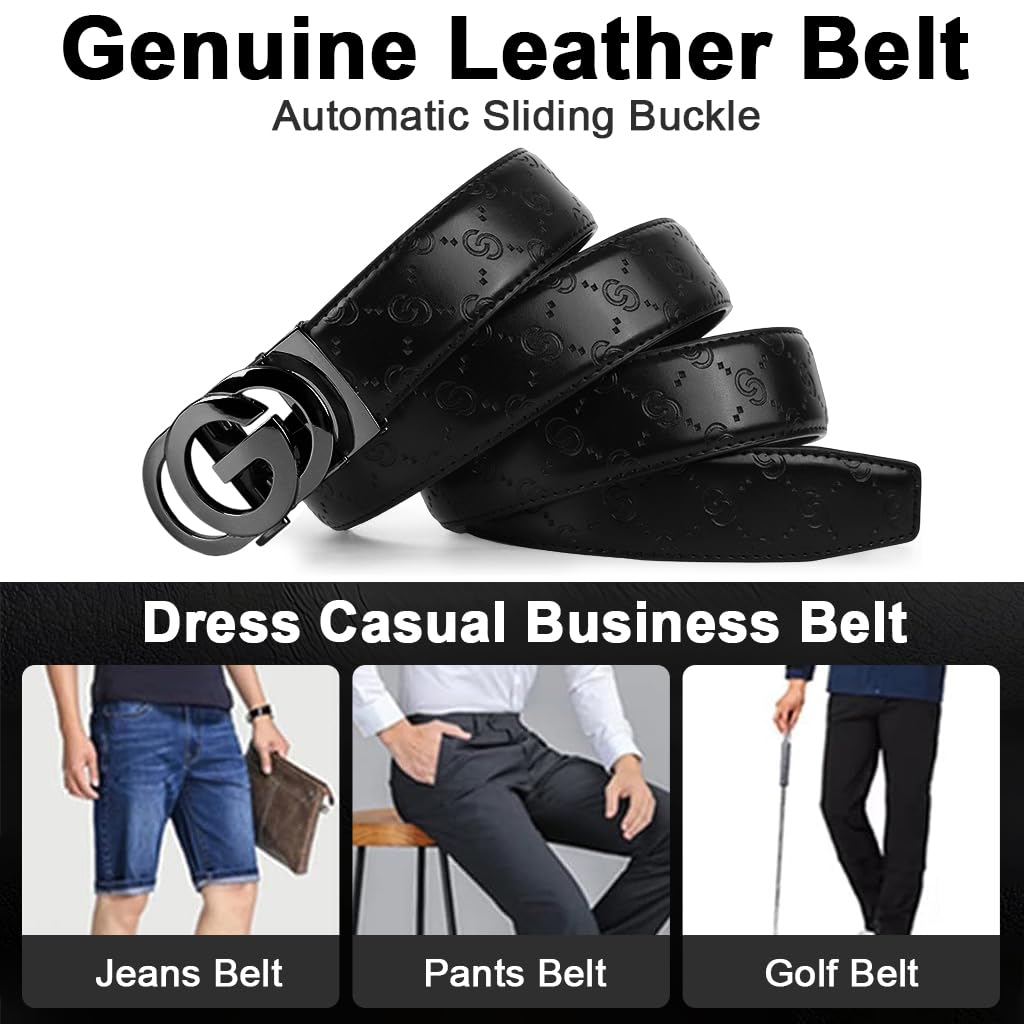 GUSTAVE Leather Belt for Men featuring Auto Lock Metal Buckle and 130cm Adjustable Fit | Formal and Casual Wear