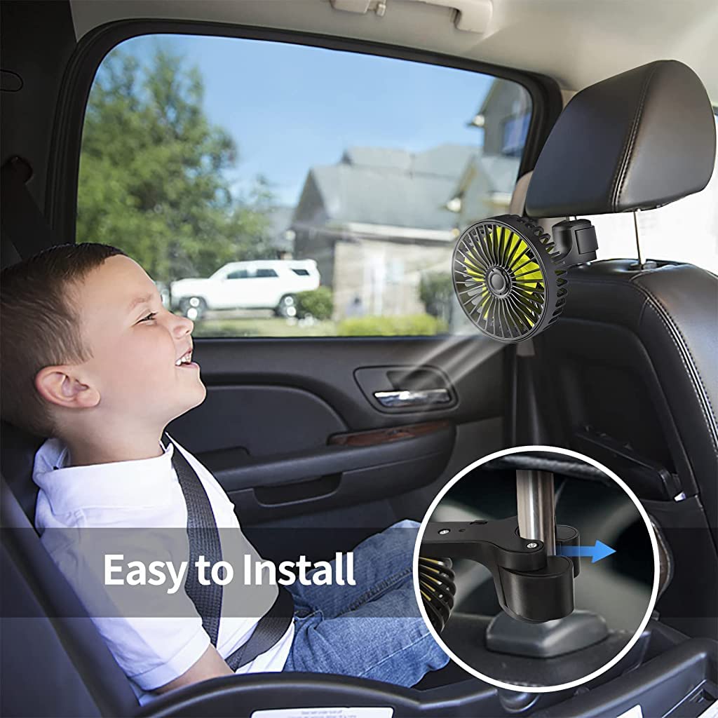 Verilux USB Fan for Car Back Seat with 3 Speed Settings and Rotatable Headrest Mount | Safe for Baby Passengers