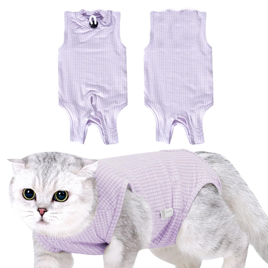 Qpets® Cat Recovery Suit, After Surgery Cat Clothes Fix Wound Wrap, Snap Button Closure Design, Purple Plaids Cat Surgery Suit for Surgery Recovery, Cat Clothes with Adjustable Neckline, L