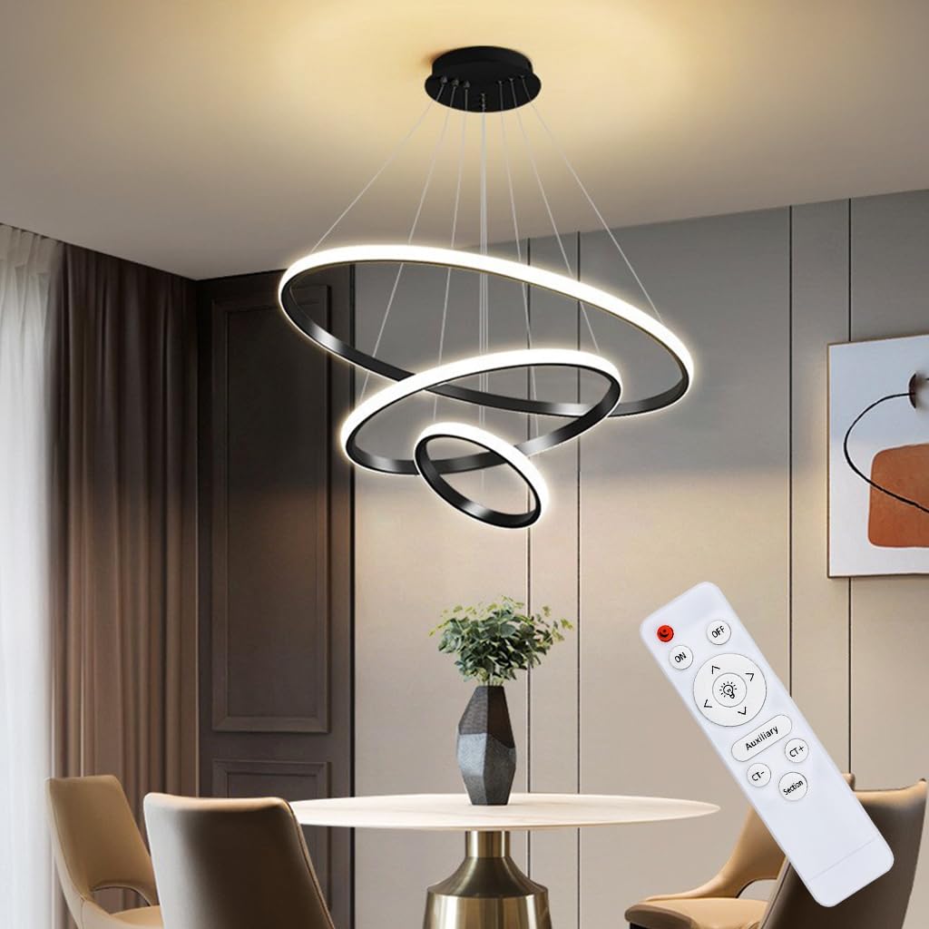 ELEPHANTBOAT LED Chandelier for Living and Dining Rooms with 3 Rings 55W Dimmable Light | Remote Control Adjustable Black Pendant
