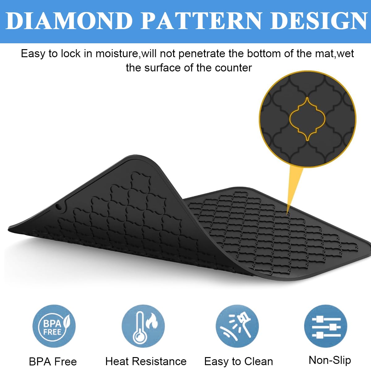Supvox Kitchen Silicone Drying Mat for Countertop 16x24 in featuring Diamond Drain Pattern | Heat Resistant Non Slip Design