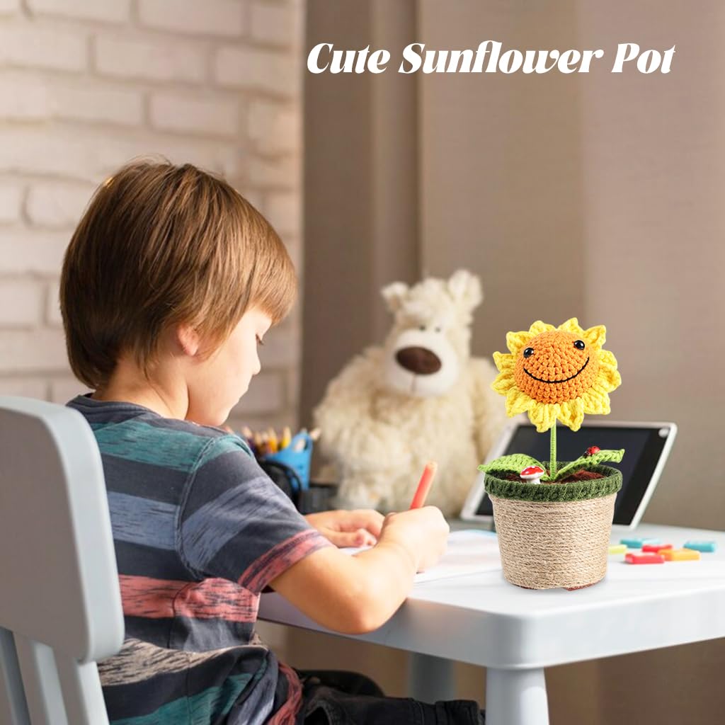 STHIRA Crochet Flower for Desk and Car Decoration with Smiley Sunflower Pot | Handmade Gift