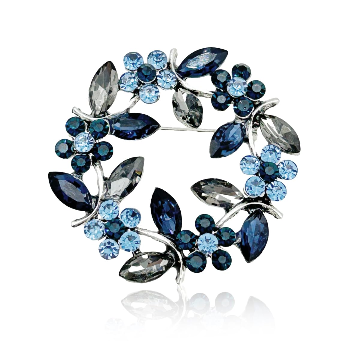 SANNIDHI Flower Brooch Pin for Women featuring Blue and Grey Rhinestone Wreath Design
