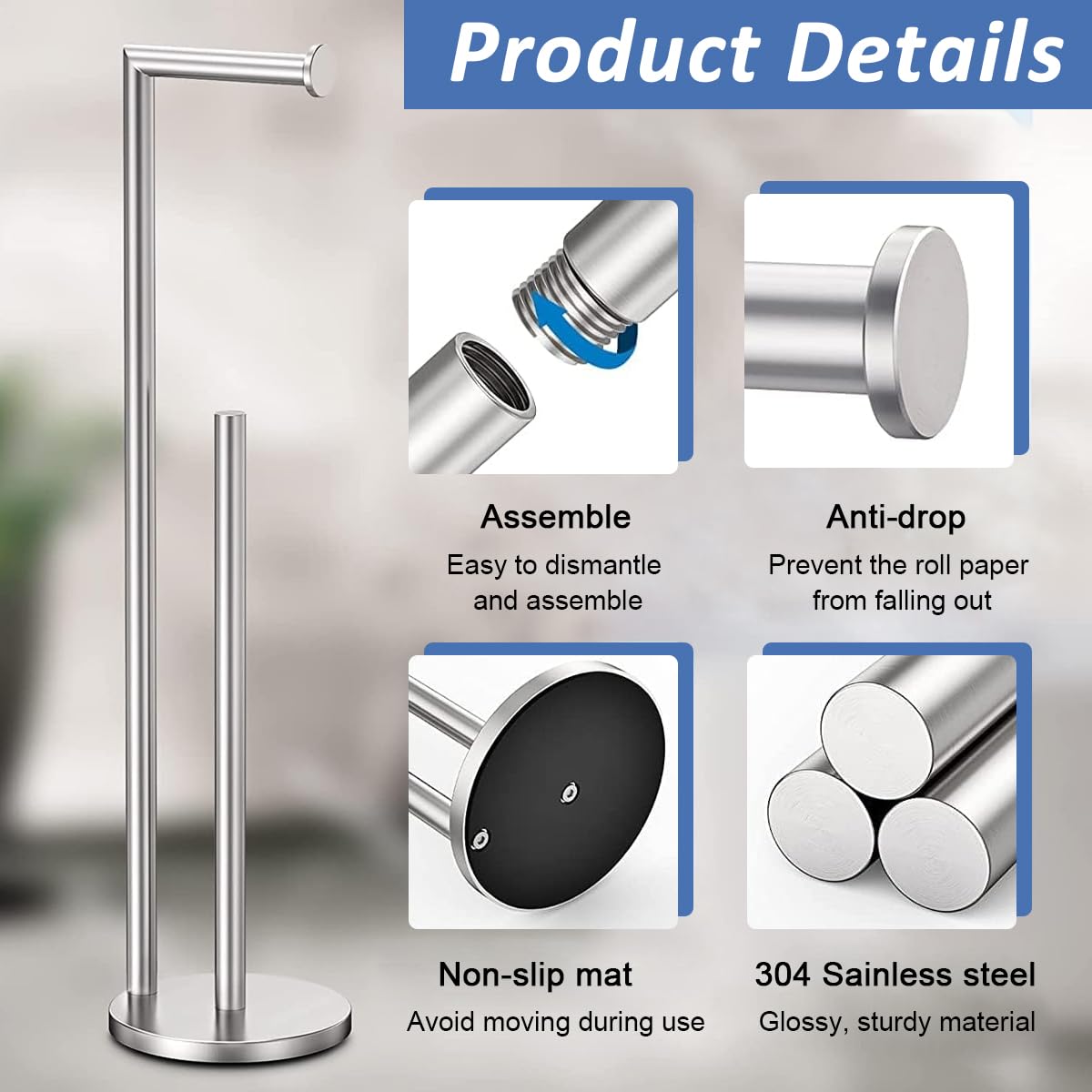 Supvox Toilet Paper Roll Holder 2 In 1 Toilet Paper Roll Organizer Floor Stand 26.9 Inches Toilet Paper Roll Holder Stand Stainless Steel Toilet Paper Roll Holder for Living Room, Bathroom, Kitchen