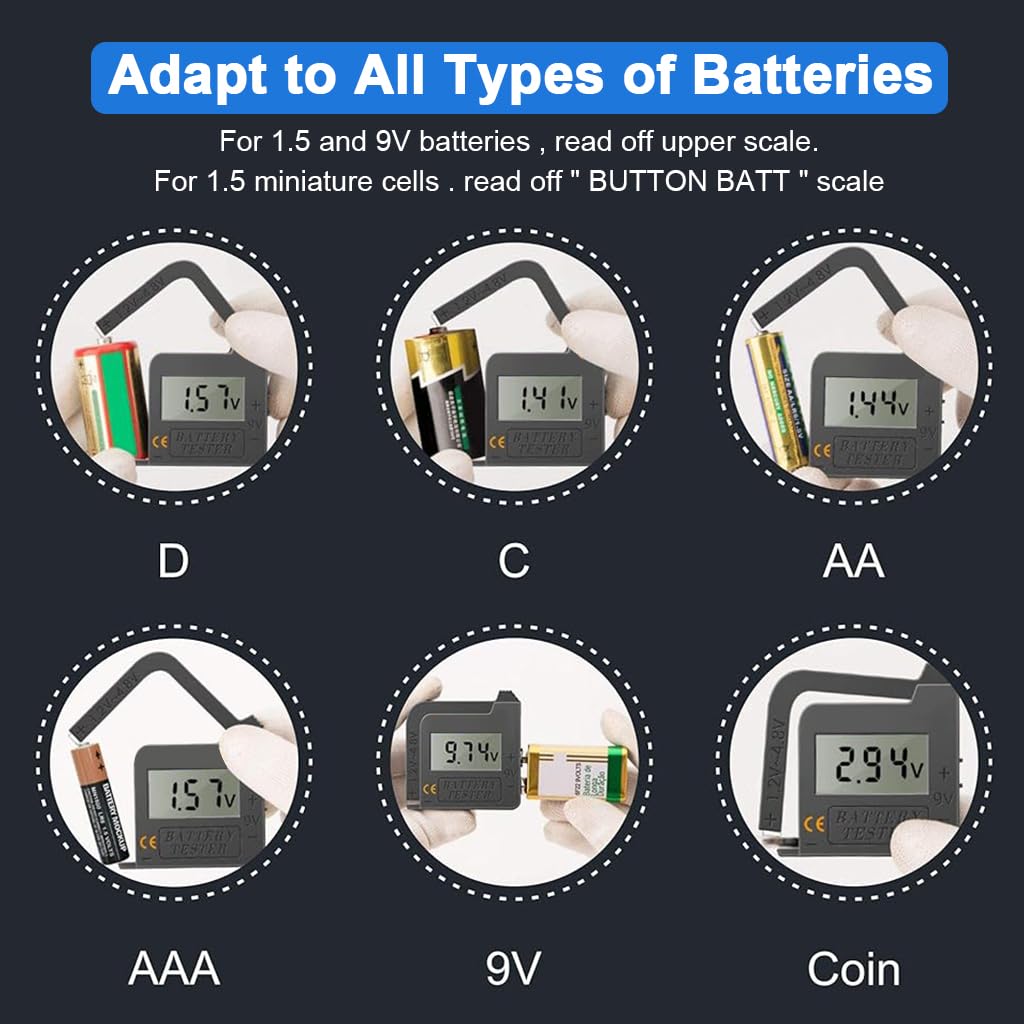 Serplex LCD Digital Battery Tester for AA AAA 9V and Button Cells featuring Self‑Powered Display | Compact Portable Checker for Home and Travel