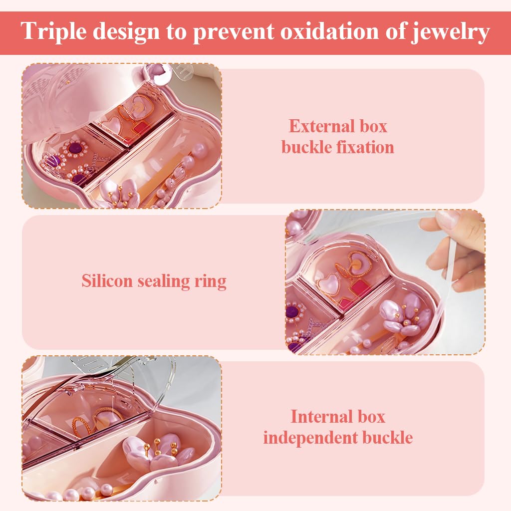 MAYCREATE Travel Jewelry Case for Women featuring 7 Compartments with 3 Layer Sealing | Pink Cloud Shaped Portable Organizer