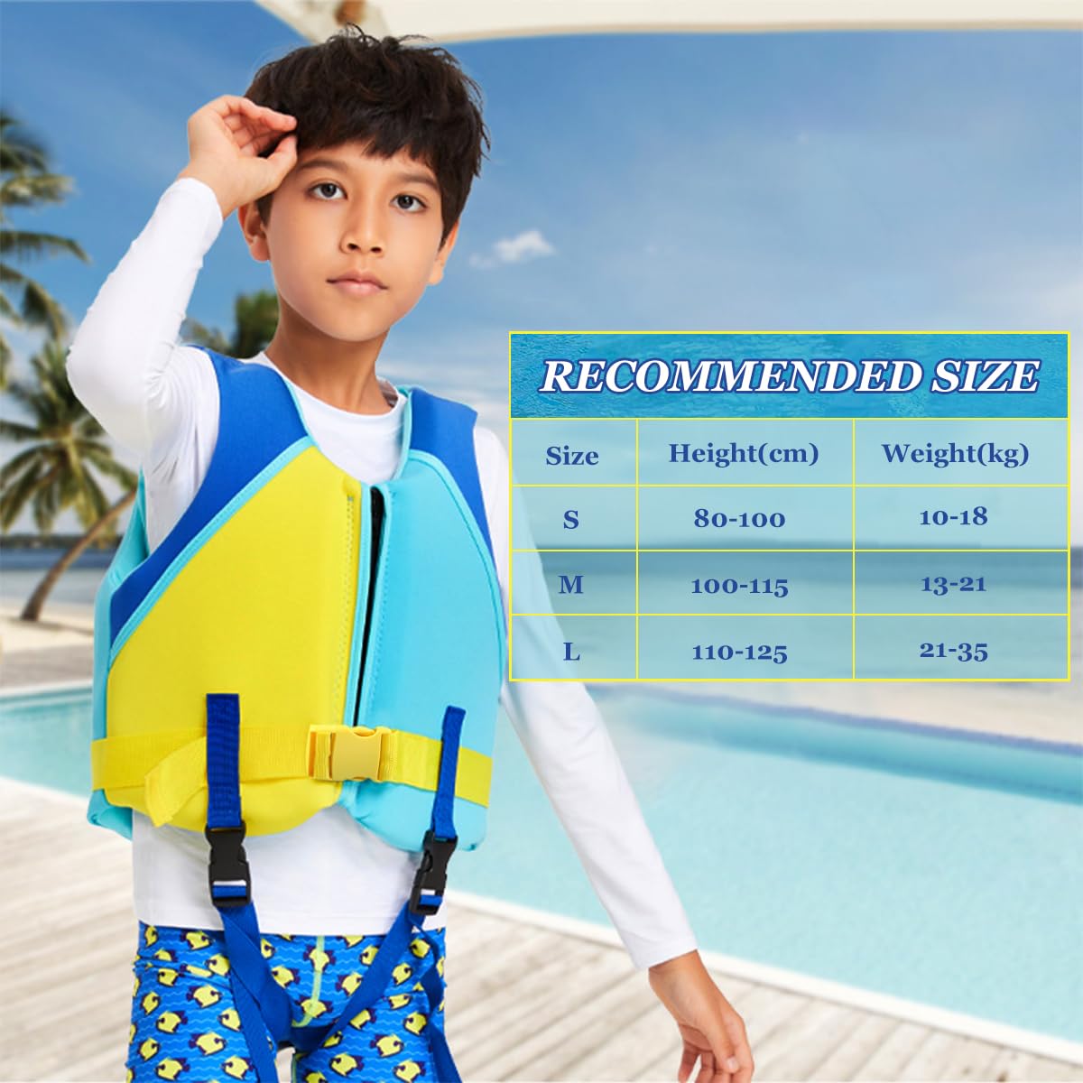 Proberos Kids Life Jacket for Swimming with Adjustable Thigh Straps and 35kg Capacity | Blue and Yellow EPE Foam Vest for 8–10 Year Olds