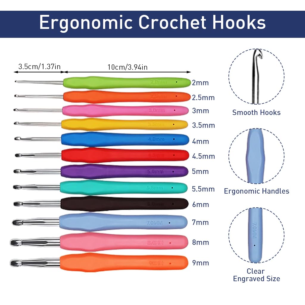 HASTHIP® 9Pcs Crochet Hooks Stitching Needles Set with Storage Bag, 6 Large Eye Stitching Needles, 20Pcs Color Stitch Marks Anti-slip Rubberized Handle Crochet Hooks Beginners Crochet Kit