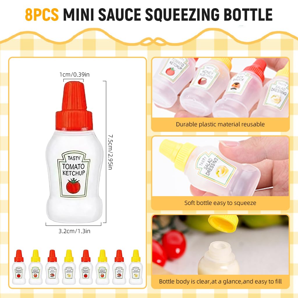 HASTHIP Mini Ketchup Bottles for Lunch Bags with Leak Proof Nozzle 8pcs 25ml | Refillable Food Grade Plastic Dispensers