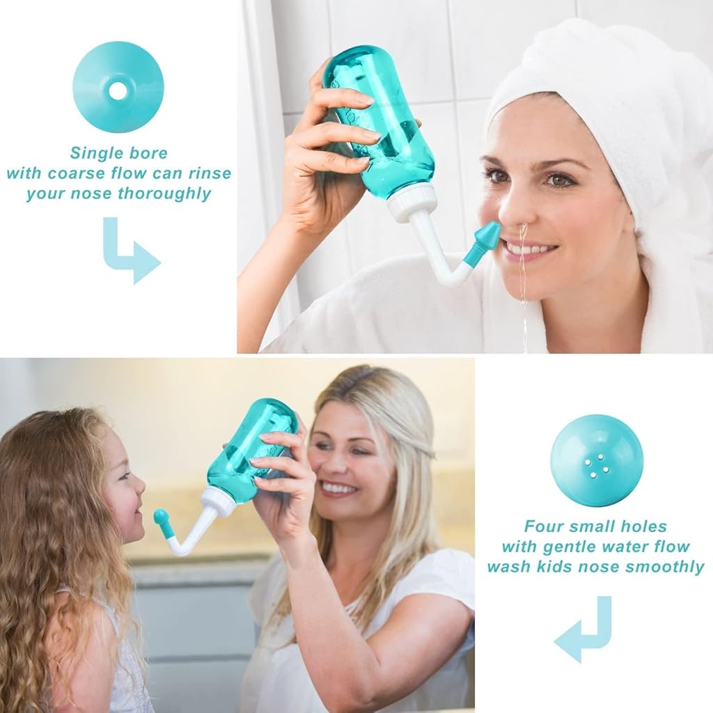 HANNEA® Nose Wash System Combo, 300ml Neti Pot for Sinus Rinse, Nasal Irrigation, 2 Nozzles, Adult & Kids Allergy Relief, Sinus Cleanser, Pressure Wash for Home & Travel