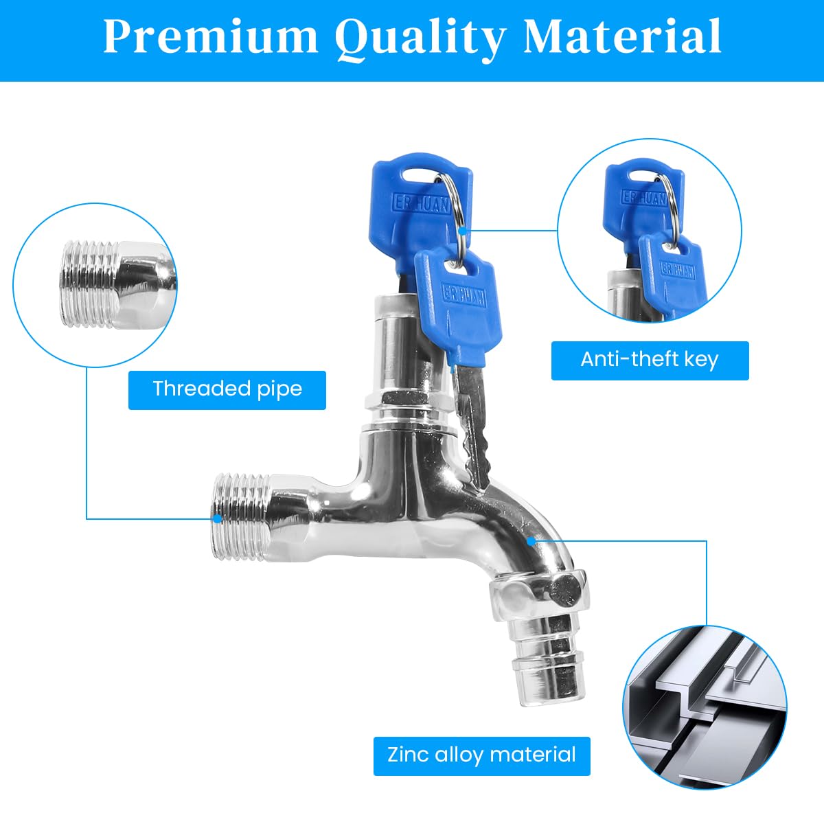 HASTHIP Dual Spout Faucet for Garden Watering with Integrated Lock and Keys | Stainless Steel 1/2 Inch Connection