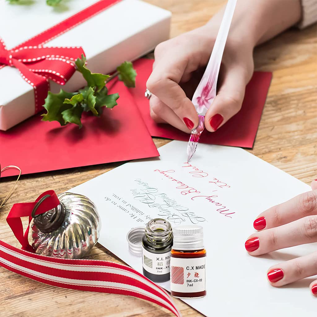 Climberty Glass Dip Pen Set for Calligraphy with 4 Colors Ink and Crystal Pen Holder | Gift Box