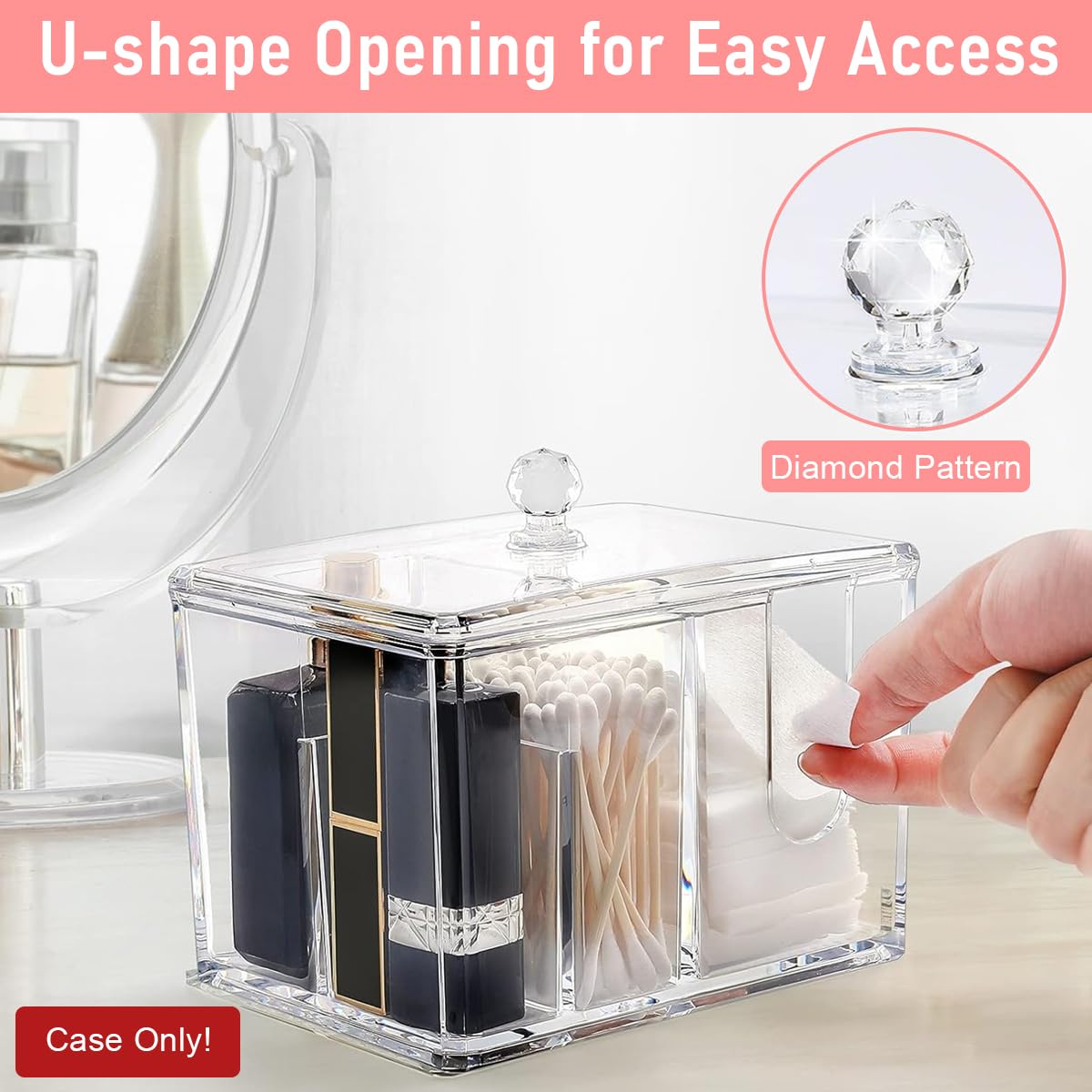 Zibuyu Transparent Acrylic Cotton Swab Organizer for Makeup Storage 15x10.7x10cm with 4 Sections and Crystal Ball Lid