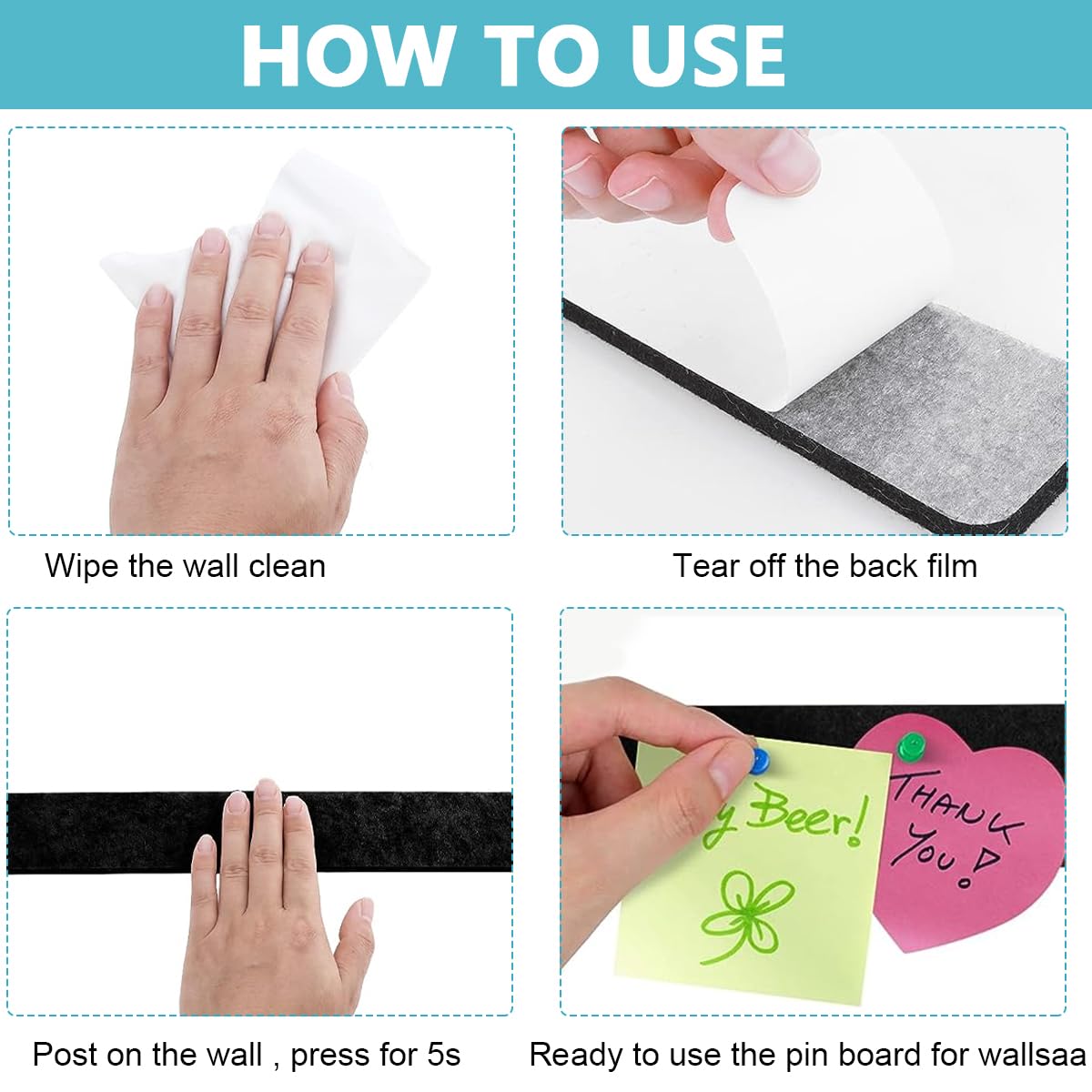 Climberty Felt Bulletin Board for Home and Office with 10 Pack 33×5cm Strips & 35 Pins | Self-Adhesive Black Design