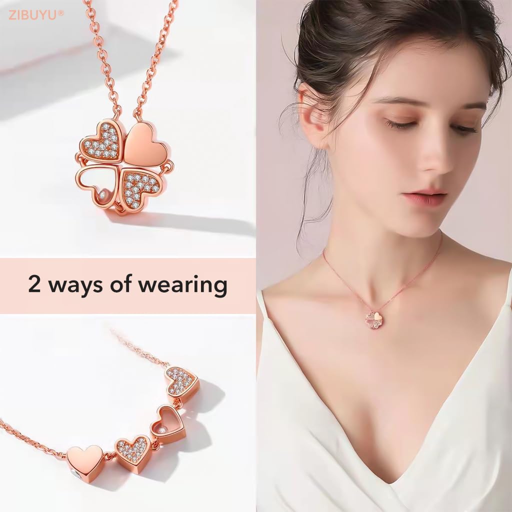 Zibuyu Heart Necklace for Girls featuring Four Leaf Clover Transformable Pendant | Silver Alloy Jewelry Gift for Women