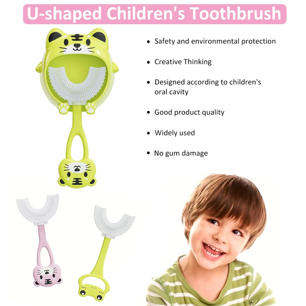 HANNEA® 2Pcs Kids Toothbrush U-Shaped Kids Toothbrush for 3-6 Years Old 360° Teeth Cleaning Soft Silicone Bristles Design Toothbrush Dental Care Toothbrush Cartoon Toothbrush with Wall Holder