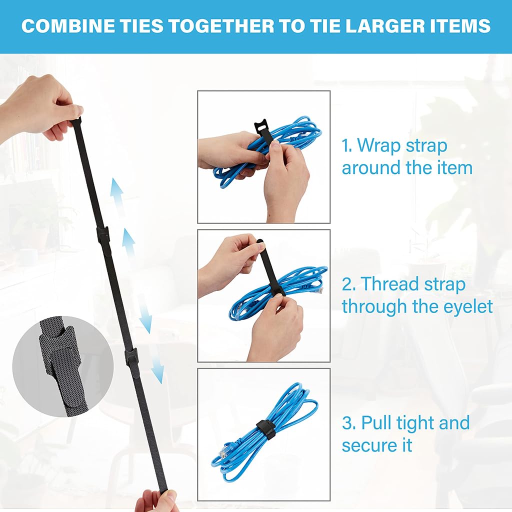 ZIBUYU Cable Organisers for Desk and TV Setup with Self Adhesive Velcro Straps 100pc | Reusable Nylon Ties
