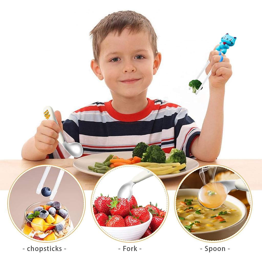 SNOWIE SOFT® Training Chopsticks for Kids, Stainless Steel Fork and Baby Feeding Spoons for 6 to 12 Months, Chopsticks for Beginners Weaning Spoons Toddler Flatware Sets Tableware Christmas Gifts Blue