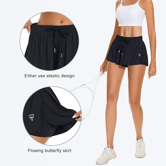 Proberos® Sport Shorts for Women Stylish Women Skorts Tennis Skorts Elastic Drawstring Shorts for Women Sport Skorts for Running, Yoga, Workout, Size L Black