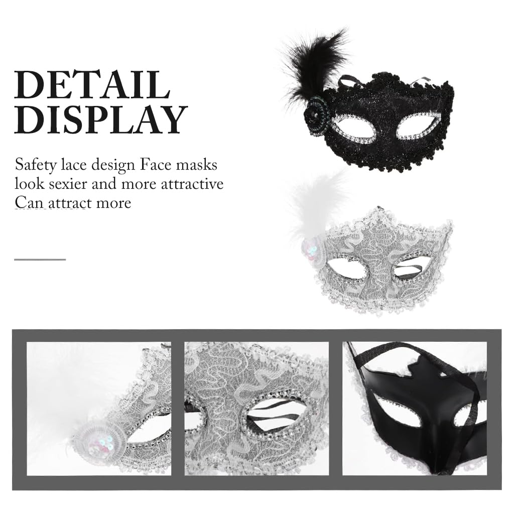 PATPAT Masquerade Mask for Women featuring Feather Lace Design and Adjustable Tie‑Back | 2 Pcs Black and White Set