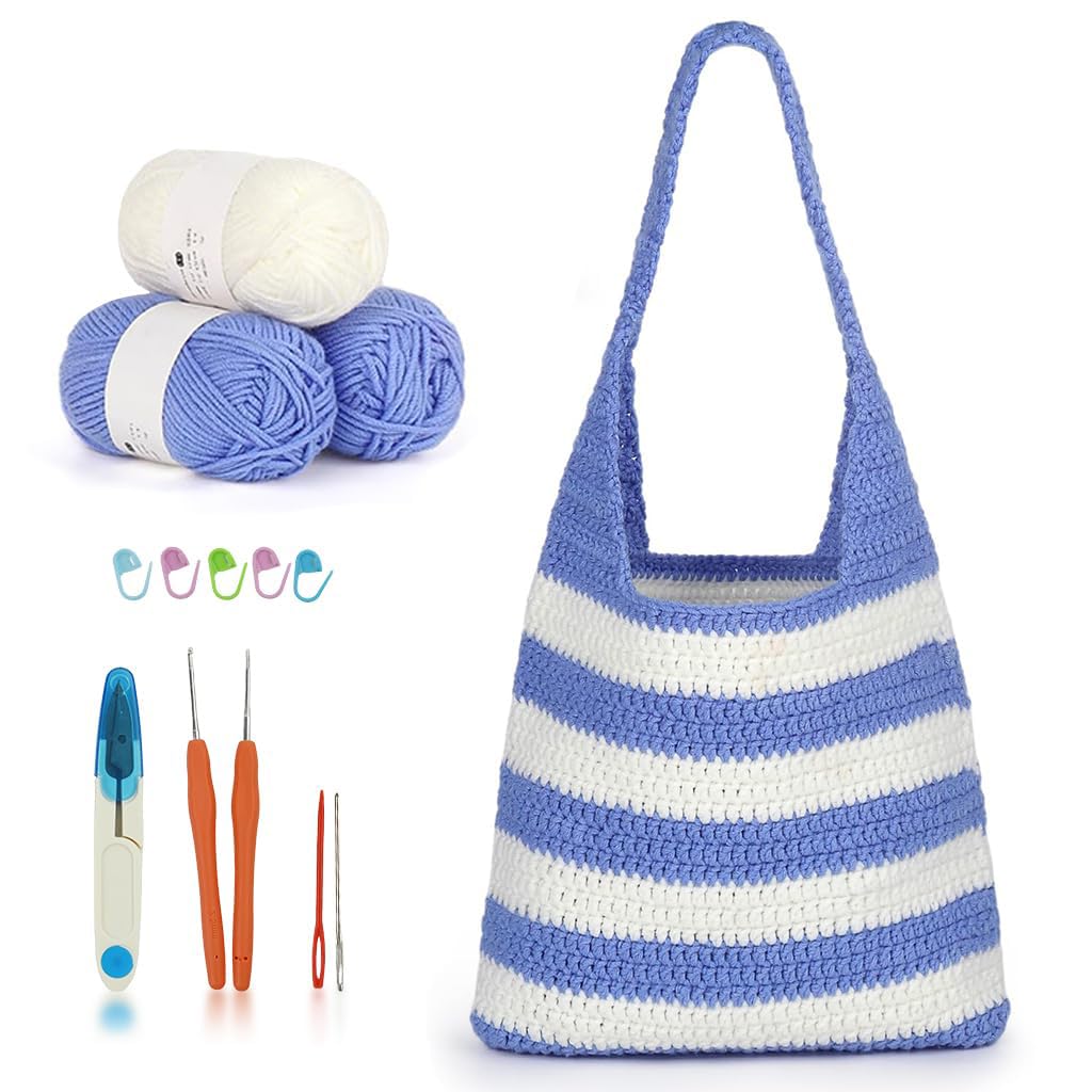 PATPAT DIY Crochet Kit for Adults with Tools and Video Tutorial | Blue and White Stripy Tote for Women