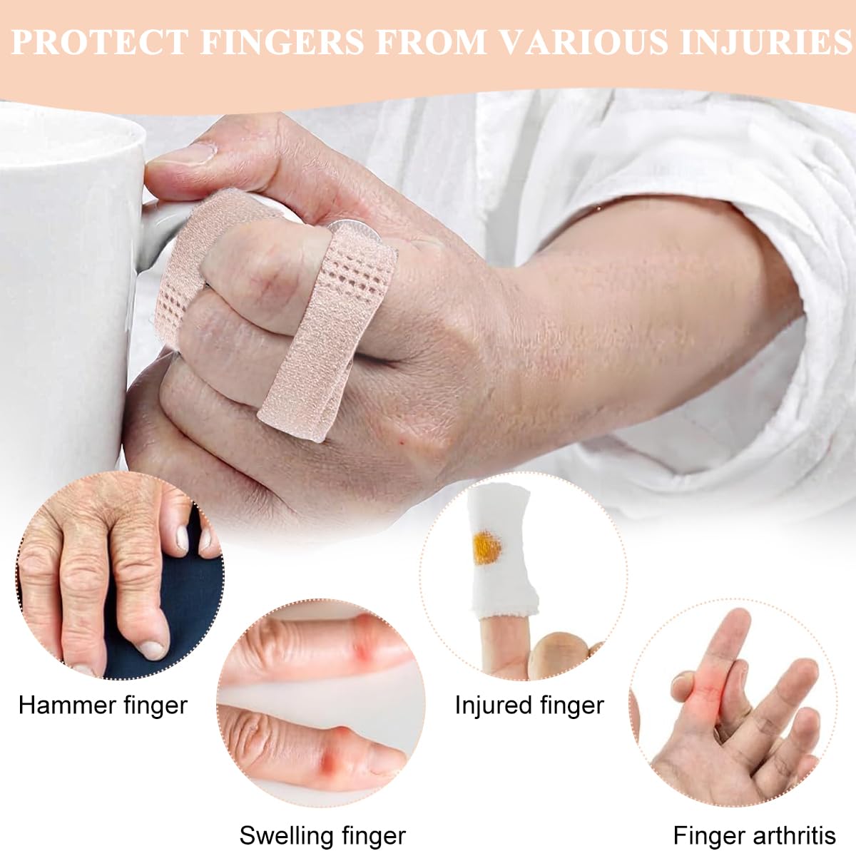 HANNEA Buddy Tape Finger Straps for Toes with Adjustable Hook and Loop Closure, 10PCS | Washable Khaki Wraps for Toe Alignment and Support