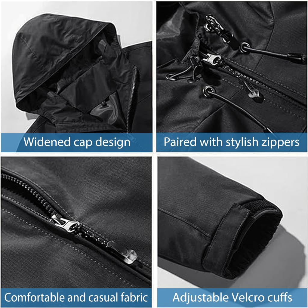 Proberos Outdoor Jacket for Hiking and Camping featuring Hood Drawstring Design | Lightweight Windproof Polyester Coat for Men Size XL