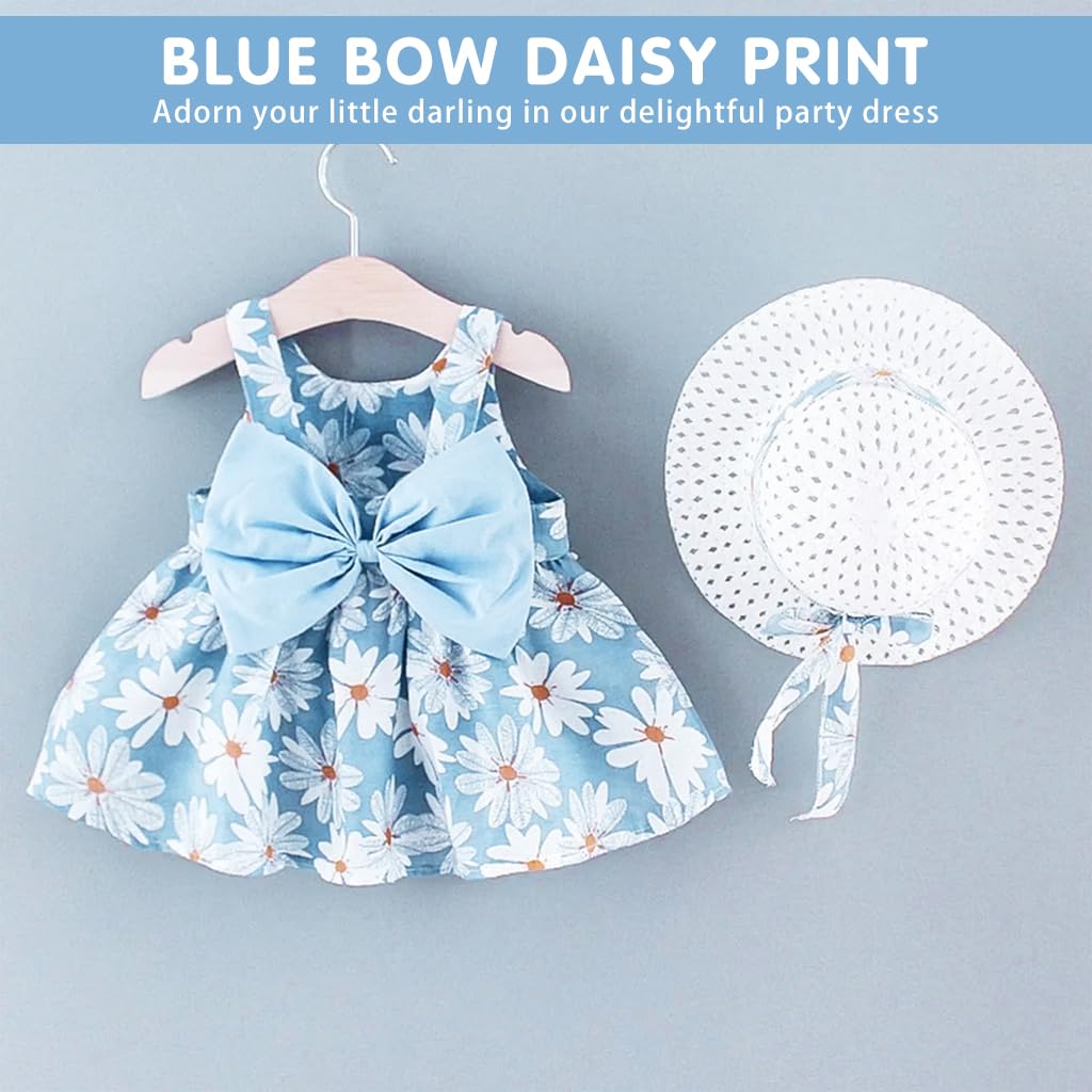 SNOWIE SOFT® Baby Girls Dress Straw Hat Set Summer Baby Girls Dress Blue Daisy Print Bow Girls Dress for Baby Girls 24-36 Months Birthday Gift for Baby Girls