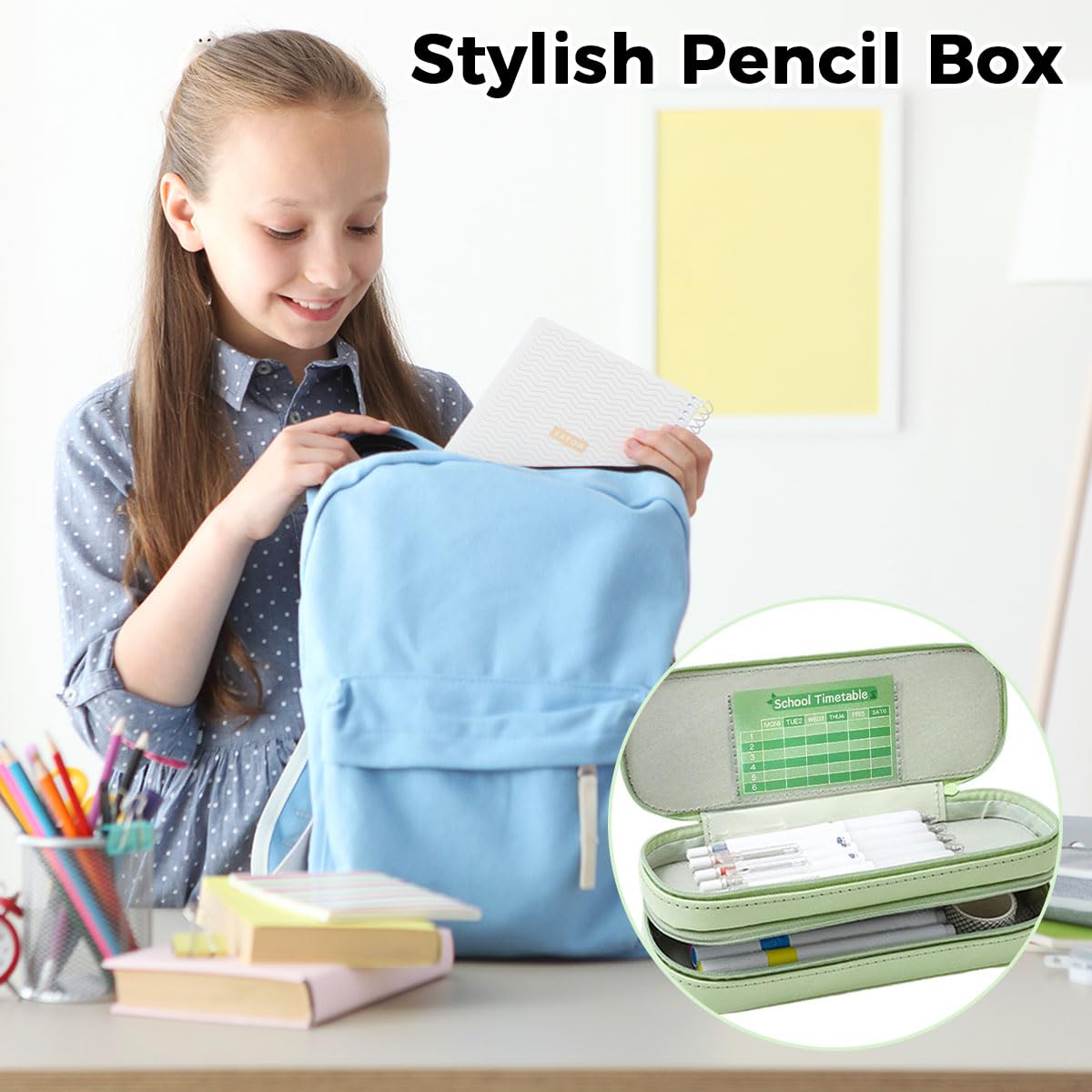 Zibuyu Pencil Box for Kids with Double Layer 22×7.5×7.5cm Design | Green Polyester Panda Organizer