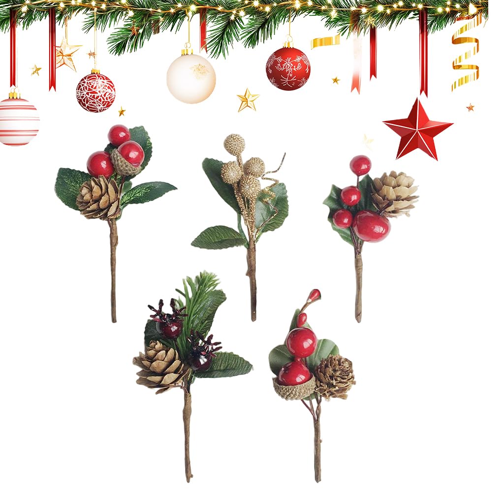 HASTHIP Artificial Christmas Picks for Wreaths and Gift Wrapping 5PCS featuring Red Berries