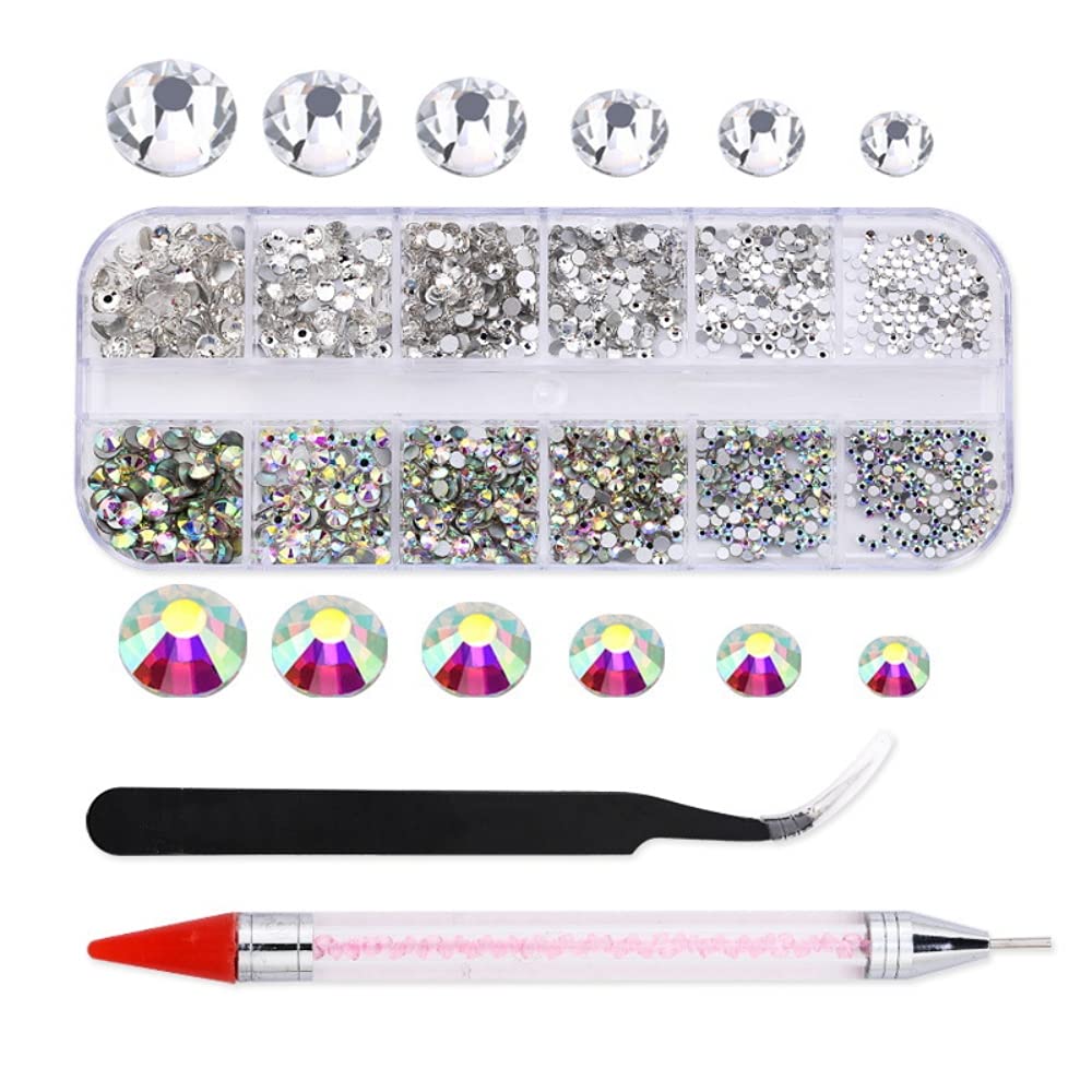 ELEPHANTBOAT® Flat Back Nail Art Kit,AB Crystal Rhinestones and Clear Crystal Rhinestones with Pick Up Tweezer and Picker Dotting Pen,1500 PCS and 6 Sizes