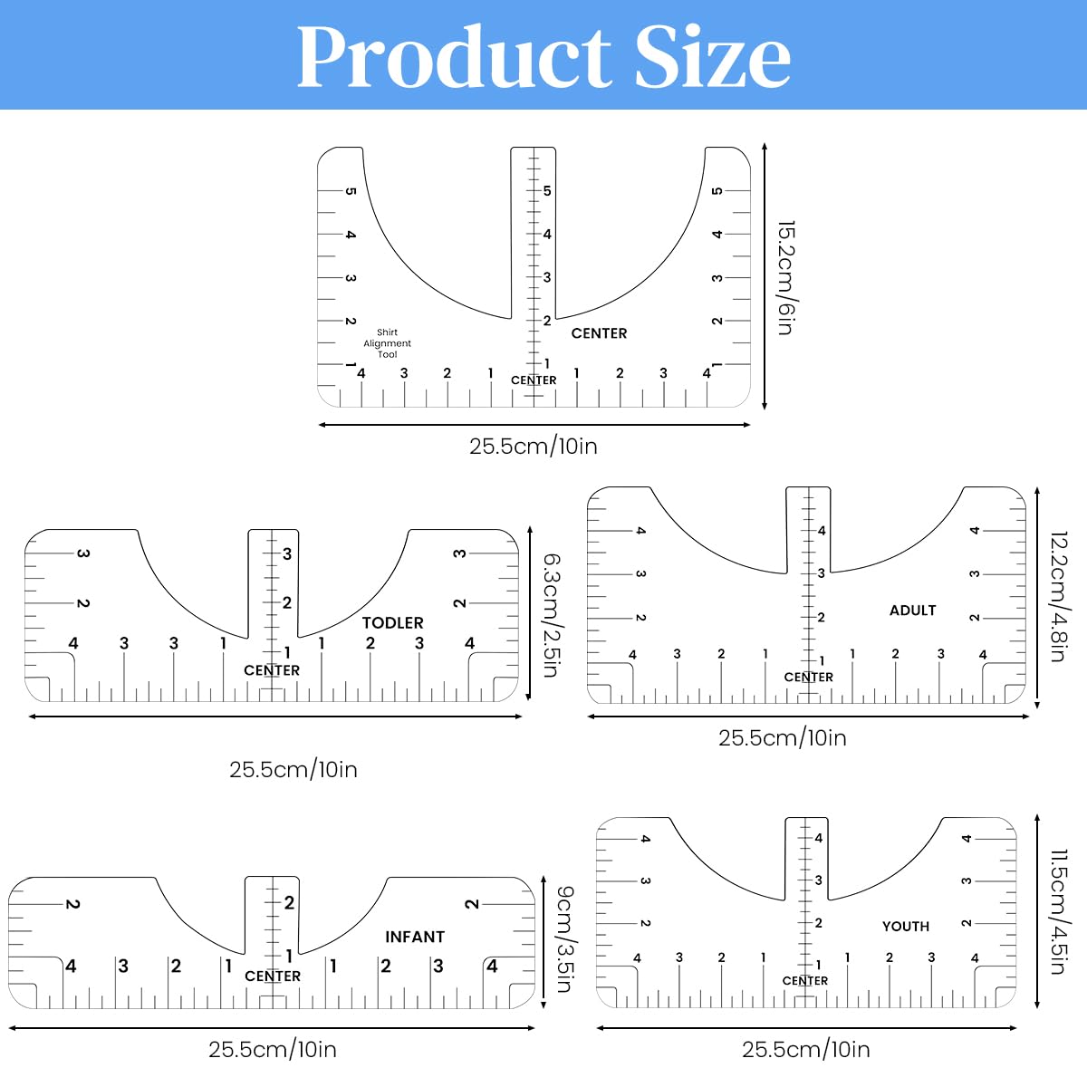 HASTHIP Tshirt Ruler Guide for Vinyl Alignment with 10pcs PVC Templates | Clear Placement Tool for Infant to Adult Shirts