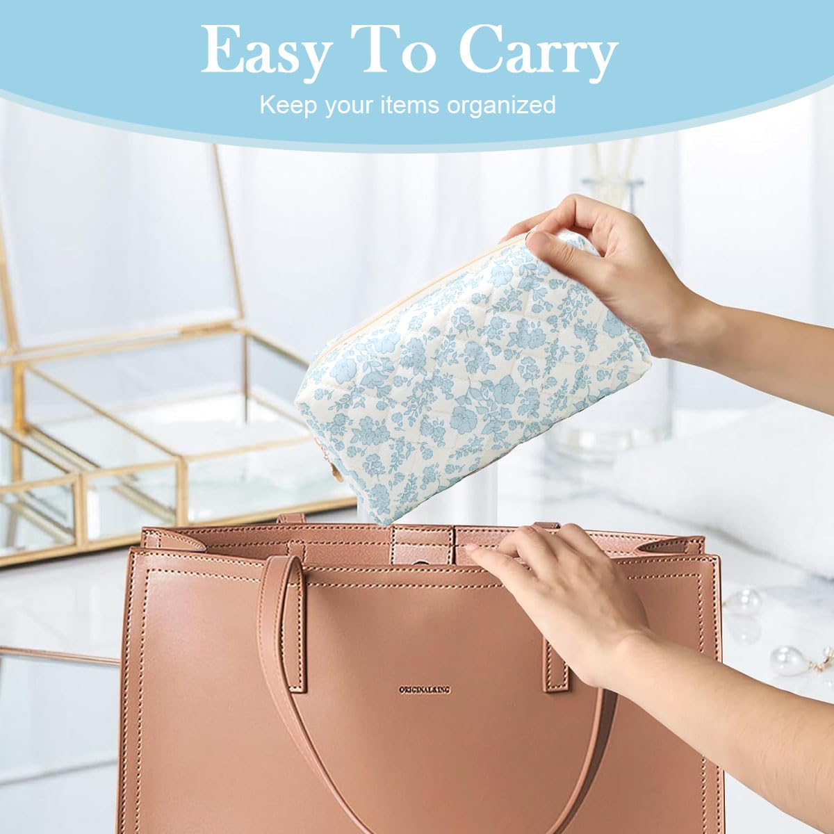 MAYCREATE Makeup Bag for Travel and Daily Use featuring Soft Zipper Blue Floral Design 3 pcs 20.5x9x9.5cm | Organizer for Women