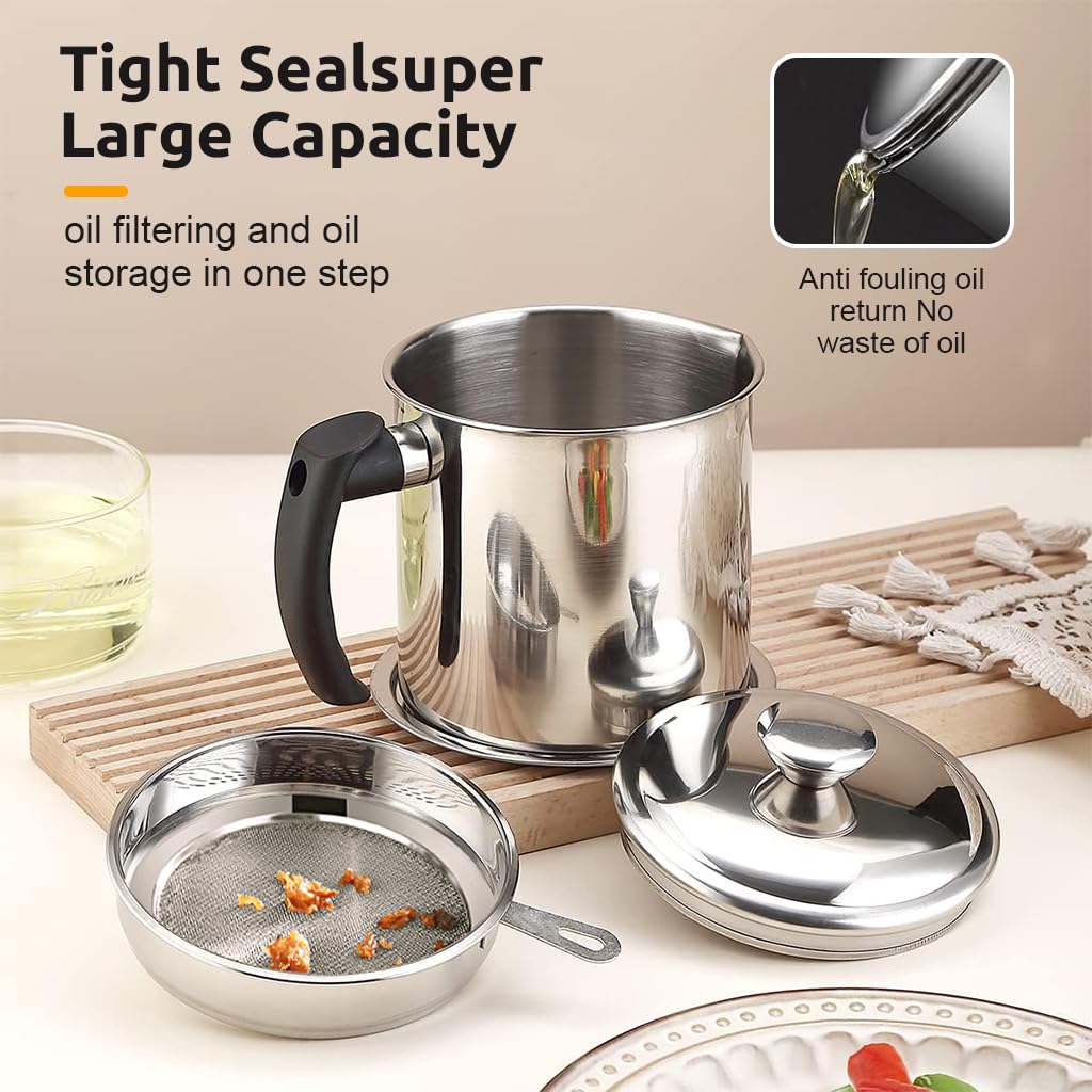 Supvox Kitchen Oil Container for Grease Storage featuring 48oz Capacity and Sieve Lid | 304 Stainless Steel with Handle