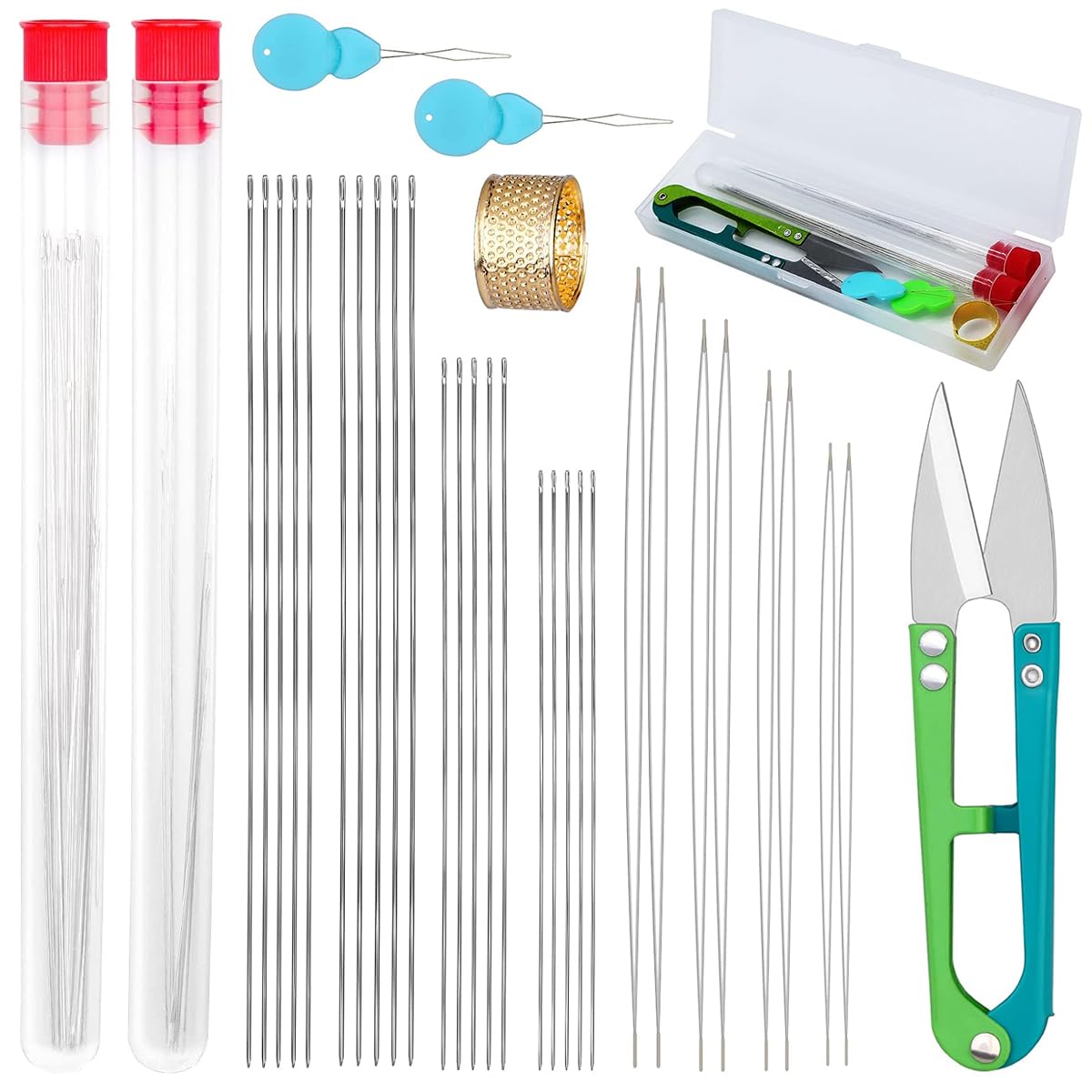 HASTHIP Beading Needles Set for Jewelry Making with 28 pcs Metal Needles and Big Eye Design | Includes Thimble and Threaders