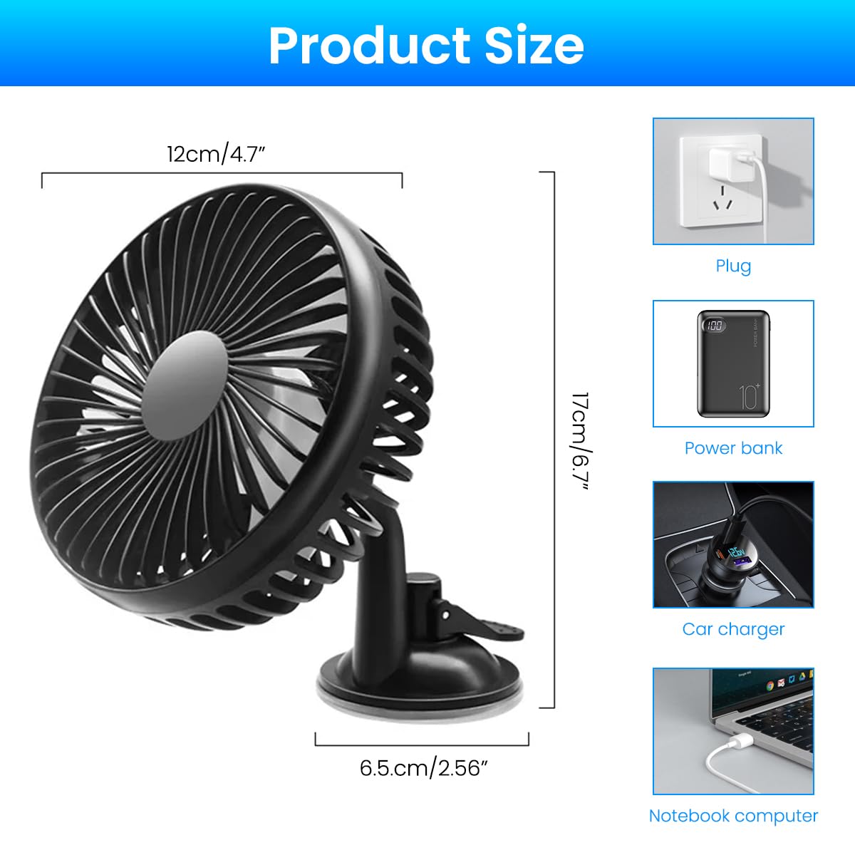 STHIRA USB Car Fan for Dashboard and Backseat with 3 Speed Control and 360° Rotation | Dual Mount 12/24V Plug and Go Ventilator