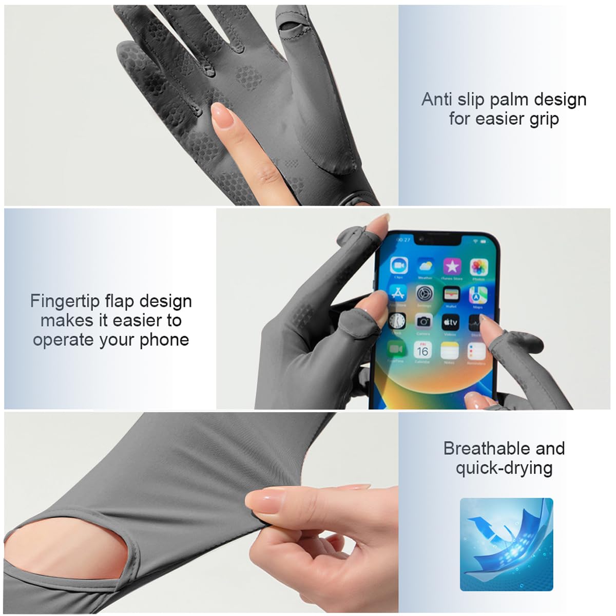 PALAY Sun Protection Gloves for Women with Anti Slip Palm and Touch Screen Design | 3 PCS Grey Nylon Arm Sleeves 22.2 in