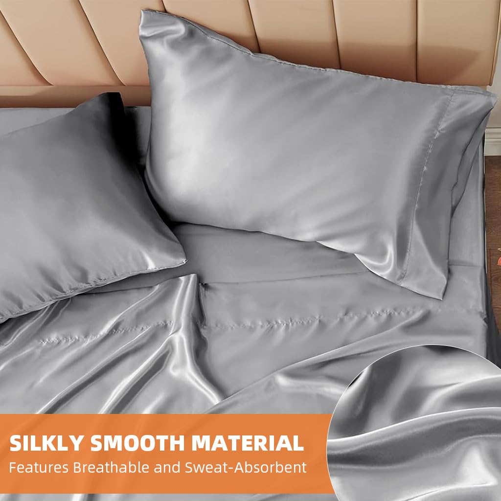 HASTHIP Satin Bedsheet King Size with 2 Pillow Covers featuring 450TC Fabric 270cm x 246cm Grey