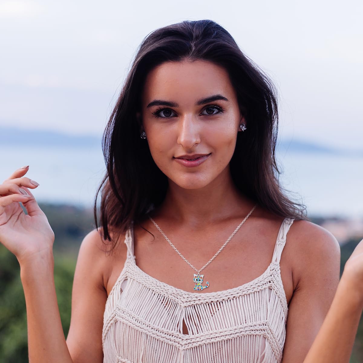 SANNIDHI Cat Necklace for Girls featuring 30mm Alloy Kitty Pendant with Rhinestones | Adjustable Chain