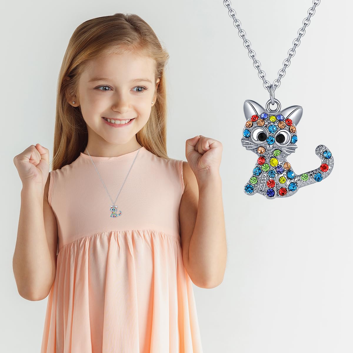 SANNIDHI Cat Necklace for Girls featuring 30mm Alloy Kitty Pendant with Rhinestones | Adjustable Chain