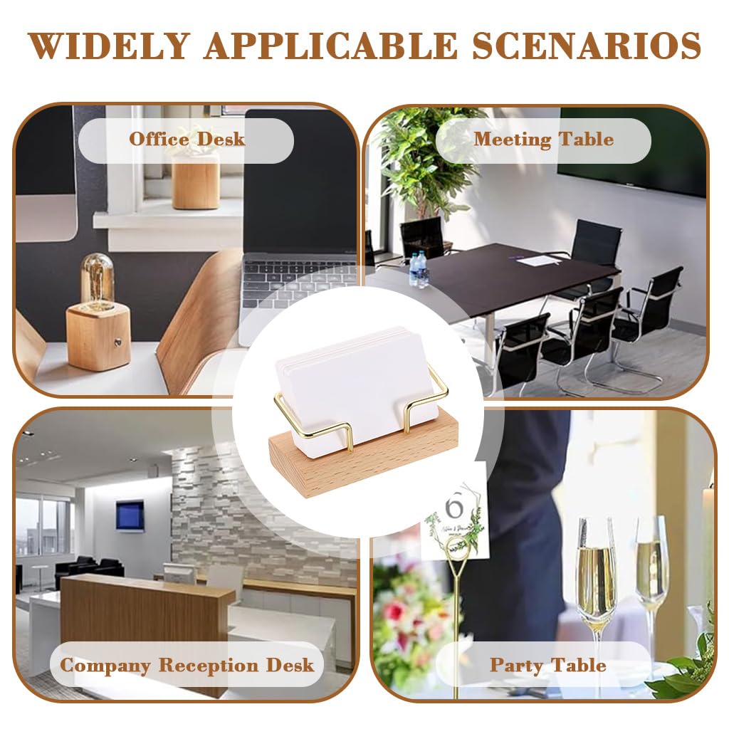OFIFO Business Card Holder Stand for Office Desk featuring Golden Wire and Wooden Base | Fits 70 Cards 4.33x1.81x2.05 in