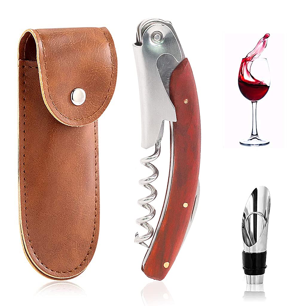 HASTHIP 3-in-1 Bottle Openers Wine Opener with Professional Leather Case Corkscrew, Bottle Opener and Foil Cutter for Wine or Beer, Rosewood Waiters Corkscrews Gift Set with Bottles Stopper & Pourer