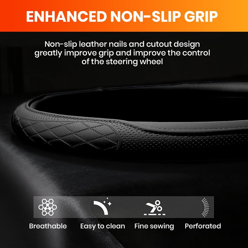 STHIRA Car Steering Wheel Cover for 15 Inch Wheels with Non Slip Grip and PU Leather | Black