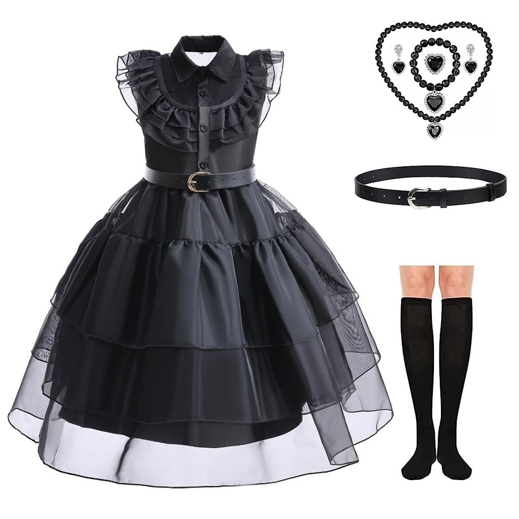 PALAY® Wednesday Addams Dress, Fancy Baby Girls Dress Costume for Kids 3-5 Years Old, with Socks, Necklace, Bracelet, Ring & Earrings Jewelry Set for Party Halloween Cosplay