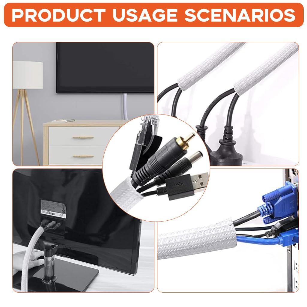 Supvox Cord Protector Wire Loom Tubing for Home and Office Cable Management 6.6ft | Self-Closing Polyester Sleeve White