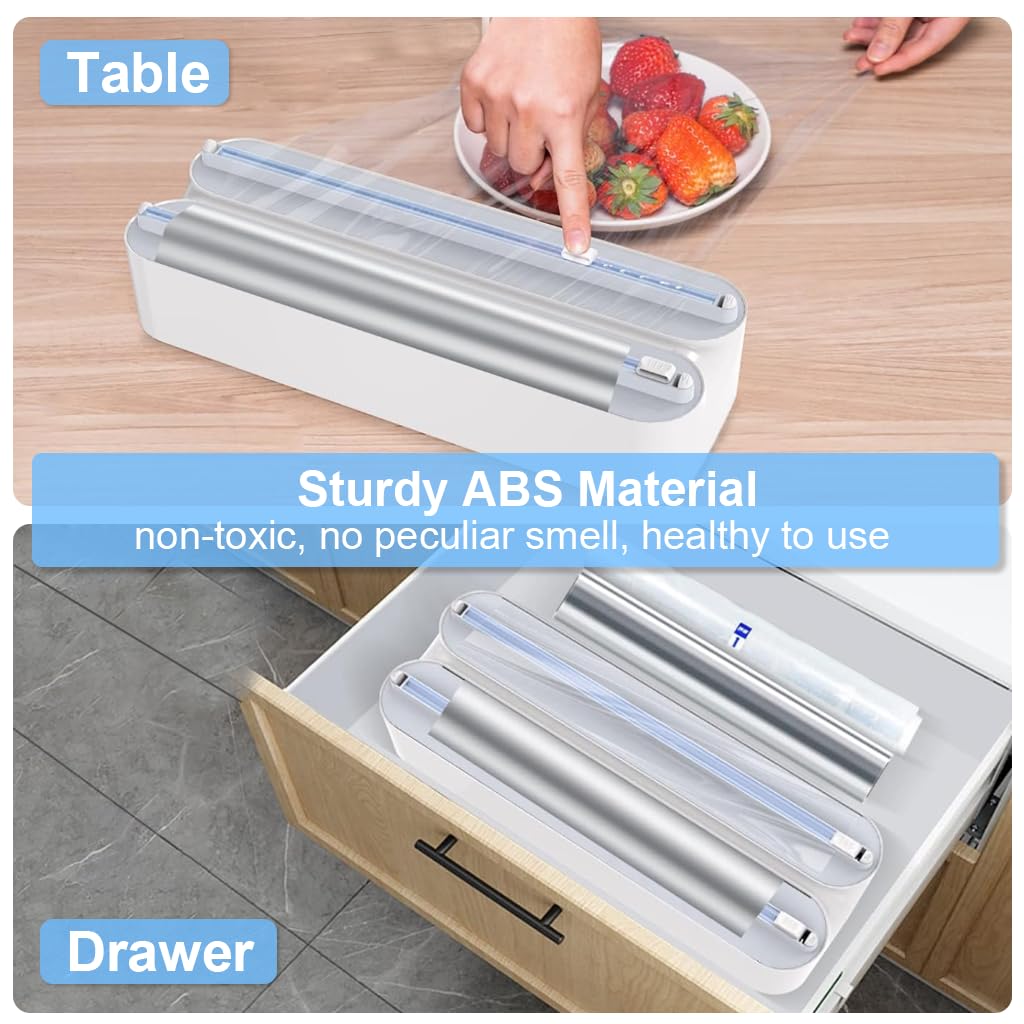 HASTHIP Magnetic Food Wrap Dispenser with Dual Hidden Blades and Sliding Cutter | White 3 in 1 Foil Paper Holder for Cling Film Tin Foil and Wax Paper